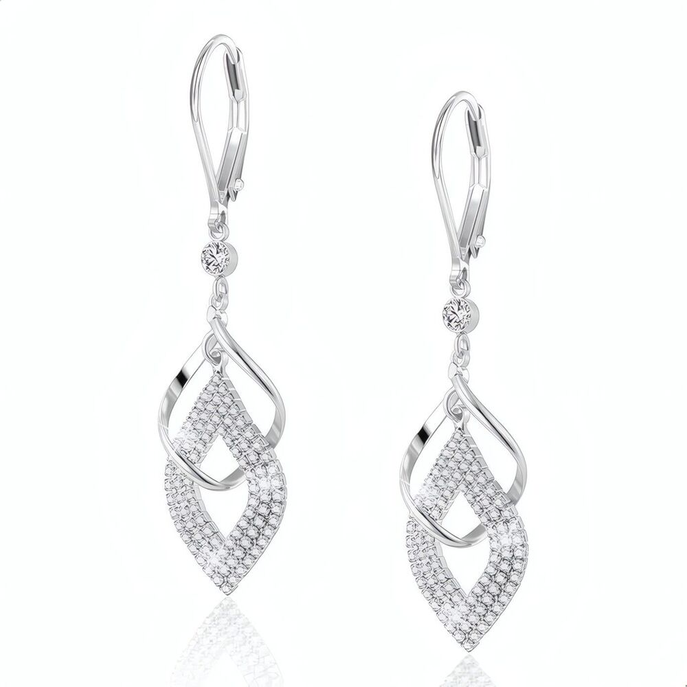 925 Sterling Silver Twisted Spiral Cubic Zirconia Leverback Dangle Earrings